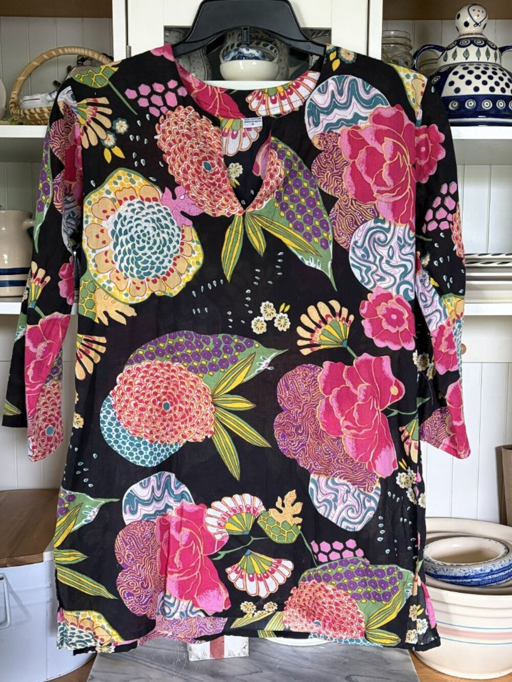 Dolma Women's Tunic Top Sz M Cotton Boho Floral Black Pink Yellow